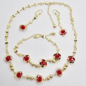 Red Crystal and Gold Tone Jewelry SET Earrings, Necklace and Bracelet